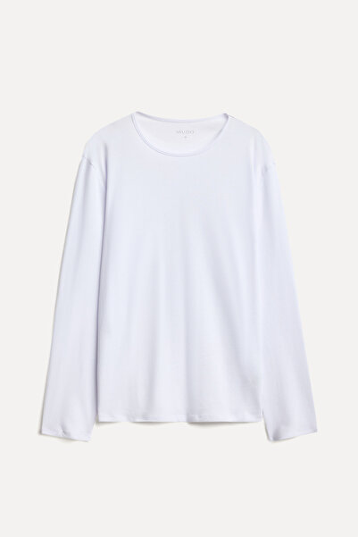 Mudo Tricou alb pentru bărbați guler rotund cu mânecă lungă tricou