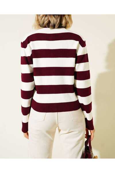 AlvaLuna Women's Striped Buttoned Collar Knitwear Cardigan