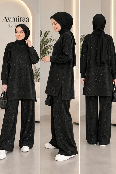 aymiraa طقم بنطلون تونيك نسائي من قماش مودال مزين بالترتر، تصميم مريح، لون أسود، ملابس إسلامية
