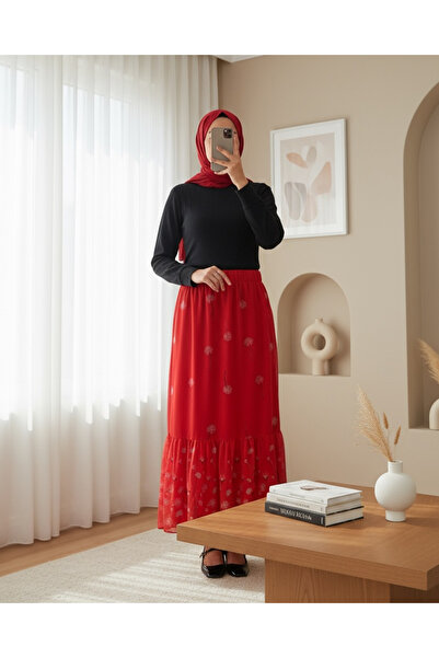 Modamorfo Women's Red Patterned Chiffon Skirt 8010