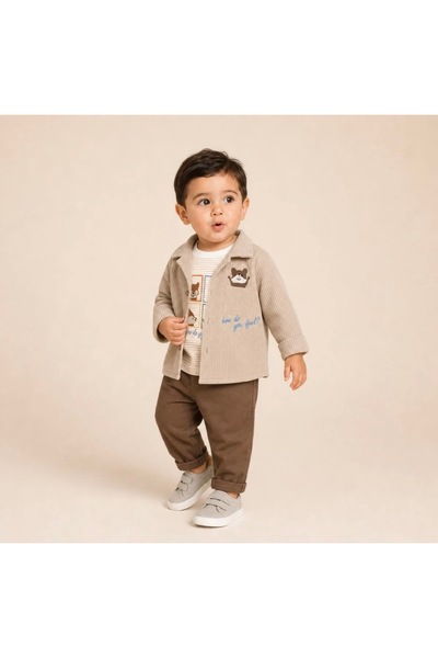 Alvadonna Velvet Shirt, Denim Trousers and Patterned Long Sleeve T-Shirt Baby...