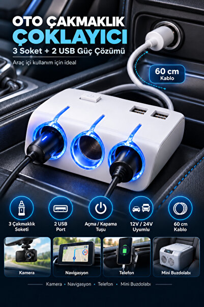 nelerbulurum 3'lü Araç Çakmaklık Çoklayıcı Çift USB 12V/24V Açma Kapama Tuşlu...