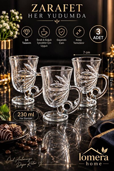 Lomera Home Lüks Tasarımlı 3’lü Cam Kupa Seti – 230 ML Şık Desenli Sıcak ve S...