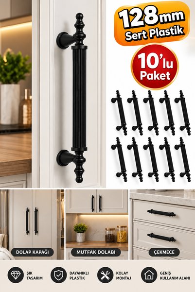Genel Markalar 128 MM SİYAH DEKORATİF KAPI KOLU 10 ADET SERT PLASTİK MOBİLYA DOLAP ÇEKME KOLU VİDALI