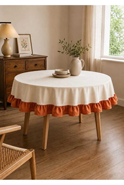HOME ART ATELIER hand made Yuvarlak Tarçın Fırfırlı Naturel Vintage Masa Örtü...