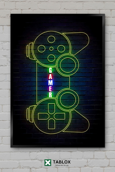 TABLOX Igrač, igra, neon poster, zidna umetnost, ukrasna slika u okviru od MDF-a