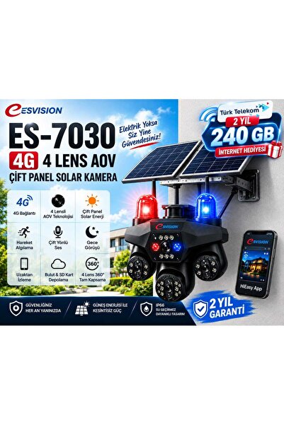 O-KAM ESVISION ES-7030 4G Çift Solar Panelli 4 Lensli Akıllı Güvenlik Kameras...