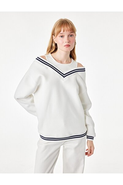 Koton Three Threaded Ribbed V-Neck Long Sleeve Sweatshirt with Athlete Detail