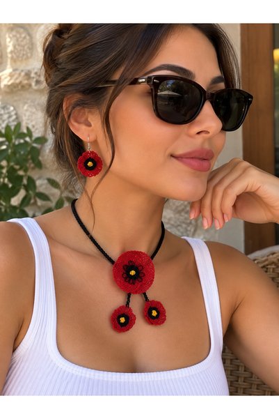 GikaBujiteri Authentic Poppy Needlework Necklace and Earring Set