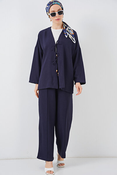 Modamorfo Women's Linen Kimono Double Set 6727 - Navy Blue