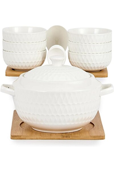 SHALLOW Shalu Bai Cuisine Art Porcelain and Bamboo Soup Serving Set Bowl with...