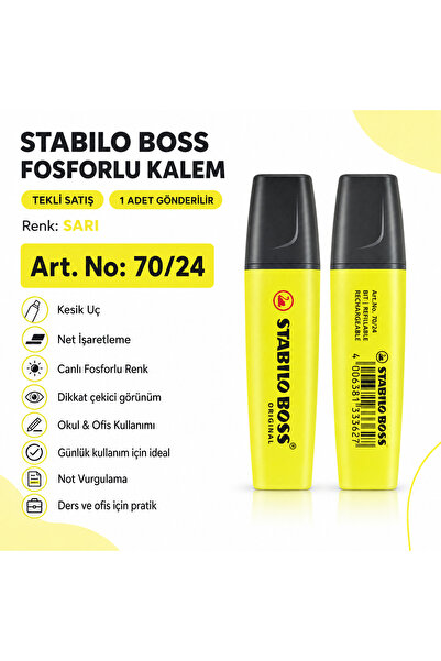 Stabilo BOSS Fosforlu Kalem 1 Adet – Metin İşaretleme Kalemi
