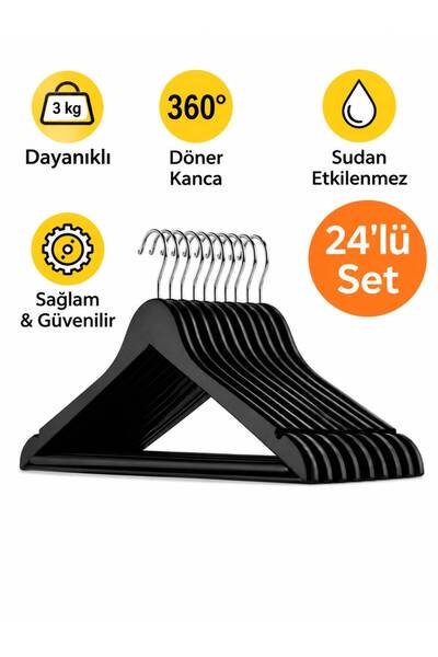 LUXQEN 12 Adet Elbise Askısı Ahşap Görünümlü Plastik Siyah Askı Pantolon Göml...