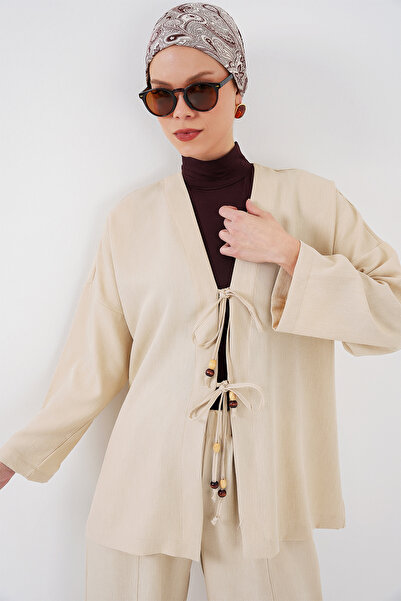 Modamorfo Women's Linen Kimono Double Set 6727 - Cream