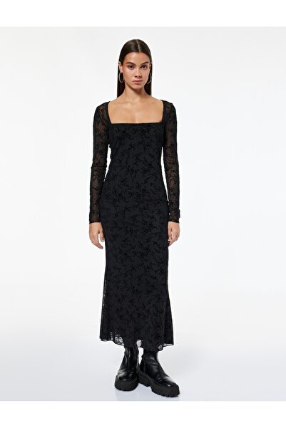 Koton Square Neckline Long Sleeve Back Tie Detail Floral Embroidered A-Line L...