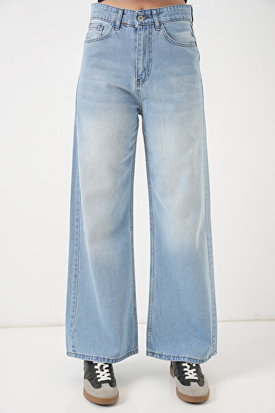 Modamorfo Women's Wide Leg High Waist Palazzo Jeans 6656 - Light Blue