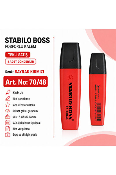 Stabilo BOSS Fosforlu Kalem 1 Adet – Metin İşaretleme Kalemi