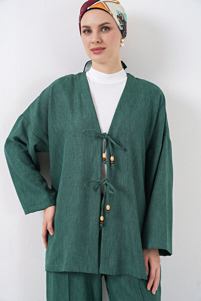 Modamorfo Women's Linen Kimono Double Set 6727 - Emerald Green