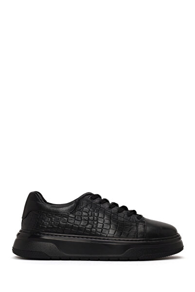 Derimod Men's Black Lace-Up Thick-Sole Crocodile Patterned Leather Sneaker Wm...