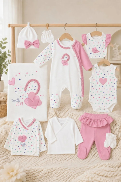 Tuğra Bebe Kız Bebek 10 Parça Kalp ve Kuğu Desenli Yenidoğan Hastane Çıkış Seti