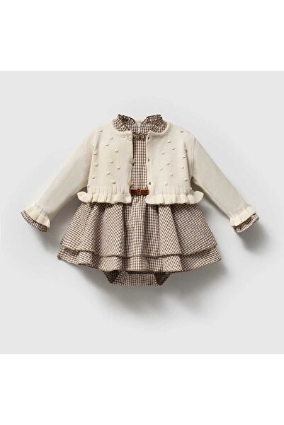 ministok Amour Alttan Snap Fastener Baby Girl Dress and Cardigan Set