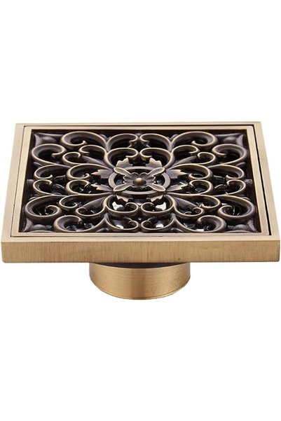 ELEPHANTBOAT ® Antique Brass Bathroom Floor Drain 3.93 Inch, Square Floral Cu...