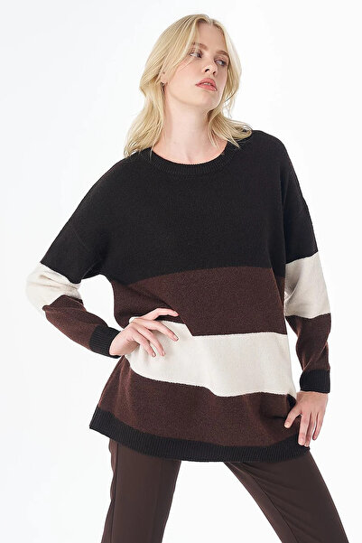 Kayra Contrast Color Knitwear Tunic Brown