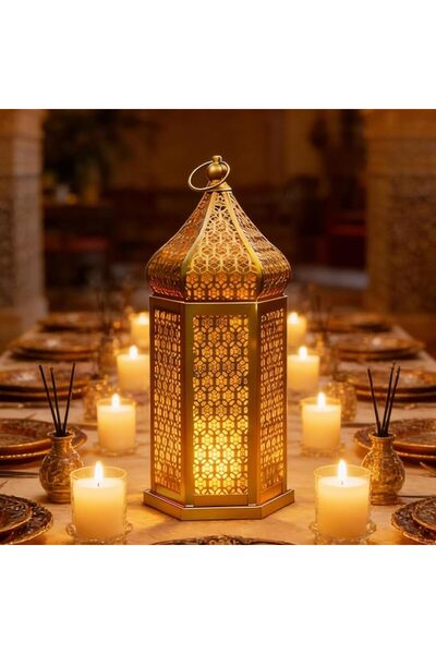 Pomefar زينة رمضان، فانوس رمضان ذهبي من الحديد مقاس 11 بوصة، حامل شموع معلق، ...