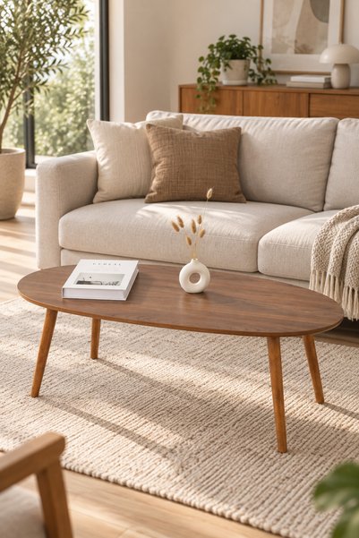 talasmart Walnut Ceviz Desenli Oval Orta Sehpa – Doğal Ahşap Ayaklı Mid-Centu...