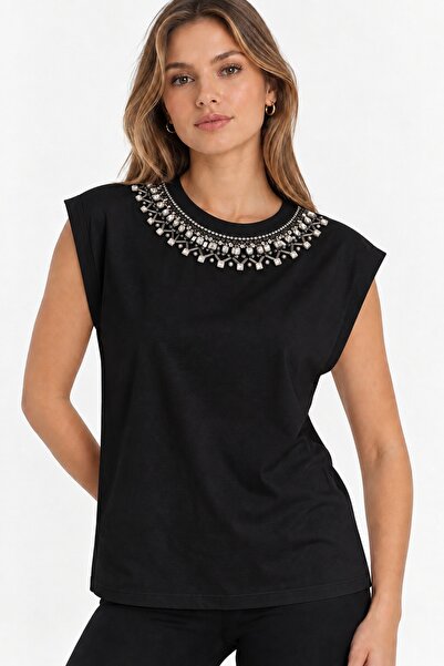 RENGARENG Kadın Tasarım T-shirt Taş Ve Boncuk İşleme Detaylı Düşük Duble Kol ...