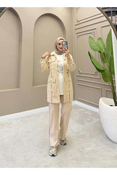 moda4b Women's 3-Piece Tracksuit Set – Multi-Pocket Buttoned Long Top Two-Thr...