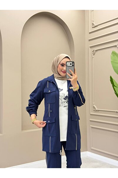 moda4b Women's 3-Piece Tracksuit Set – Multi-Pocket Buttoned Long Top Two-Thr...