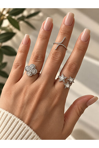 xUPING Stella Triple Adjustable Ring Set Women's Silver Color Star Flower Sto...