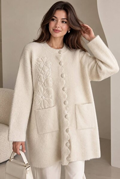 ikomteks Floral Embroidery Detailed Plush Textured Long Cardigan