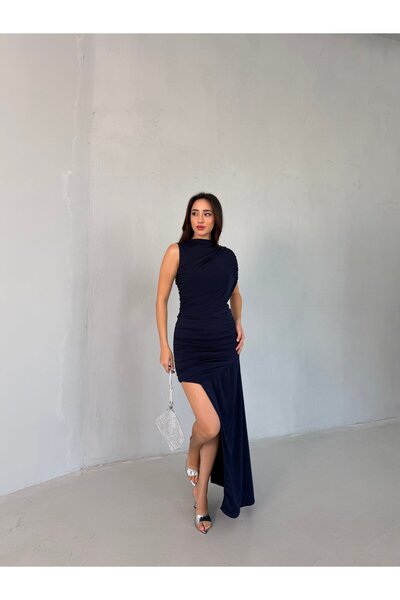 Serica Moda Rochie bleumarin cu mâneci scurte și detaliu la spate