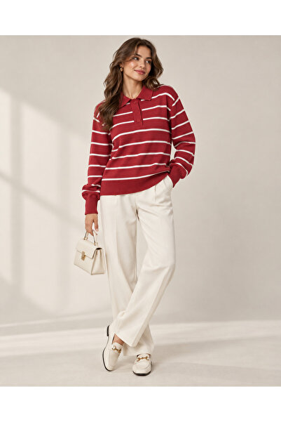 FioriModa Striped Polo Collar Buttoned Sweater