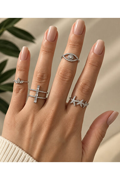 xUPING Lumina Four Adjustable Ring Set Women's Silver Color Zircon Stone Star...