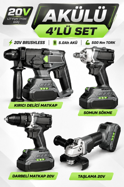 Badem10 Akülü 4'lü Set 20V Brushless Motor Taşlama Matkap Somun Sökme Kırıcı ...