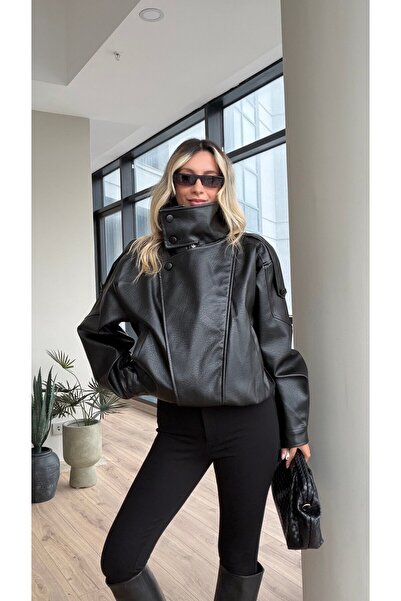 Lady Pixie Dik Yaka Bomber Deri Ceket