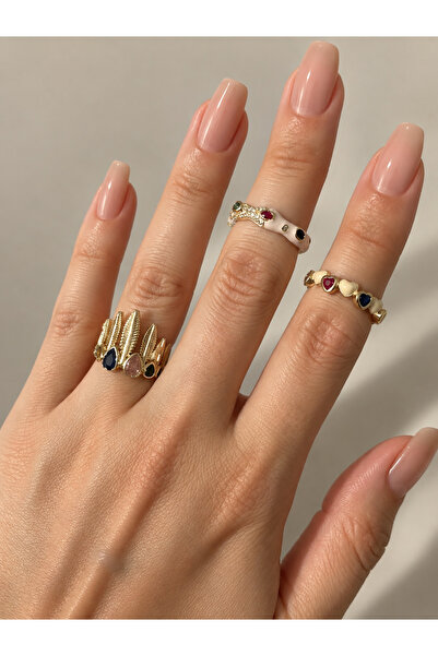 xUPING Valor Triple Adjustable Ring Set Women's Gold Plated Colorful Stone He...