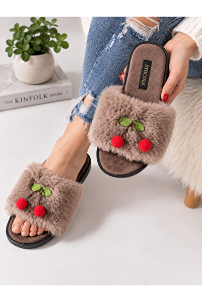 STOCON Cerise Cherry Detailed Plush Women's House Slippers Soft Sole Gift Dow...