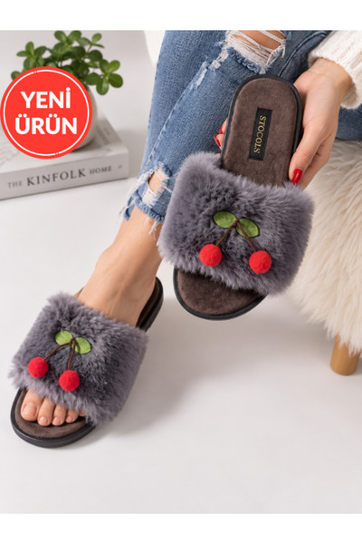 STOCON Cerise Cherry Detailed Plush Women's House Slippers Soft Sole Gift Dow...