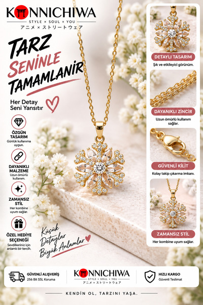 FG KONNİCHİWA Snowflake Ice Crystal Necklace – Stone Detailed Design with Gol...