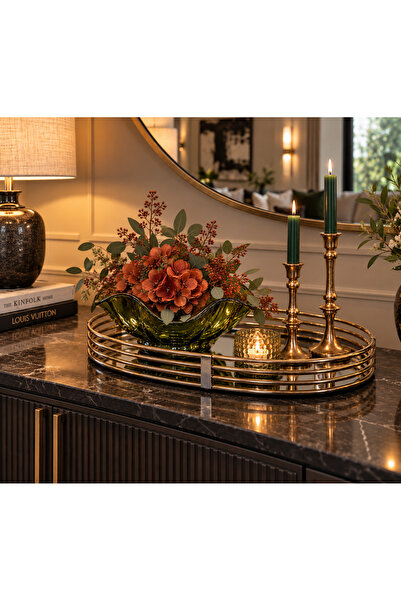 tablowall Dekoratif Aynalı Oval Tepsi 50x30x7,5 cm Metal Gold Servis ve Sunum...