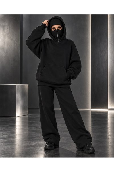 HAI COLLECTİON Kadın 3 İplik Ninja Maskeli Oversize Hoodie – Fermuarlı Maske ...