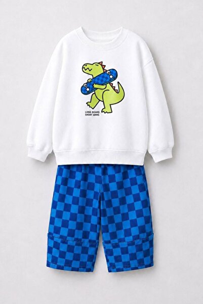 Minigimin Cicileri Skateboard Printed Checkered Boys' 2-Piece Set - Whiteblue