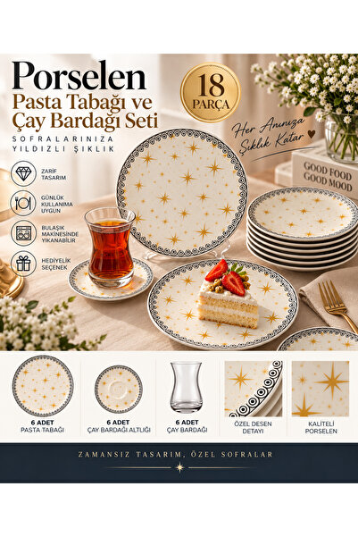 18 Parça Porselen Pasta Tabağı, Çay Bardağı ve Altlık Seti – Yıldız Desenli