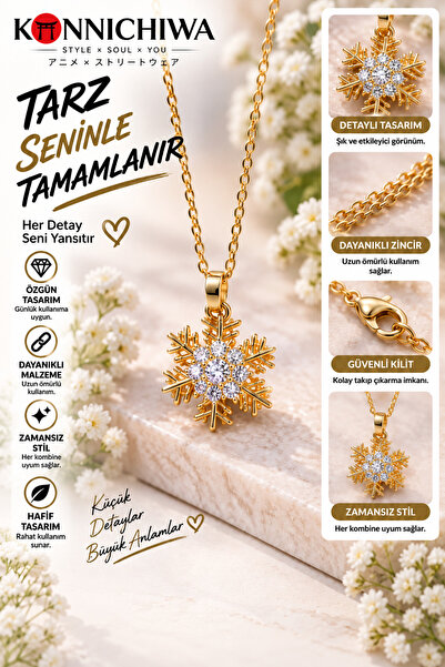 FG KONNİCHİWA Snowflake Ice Crystal Necklace – Stone Detailed Design with Gol...