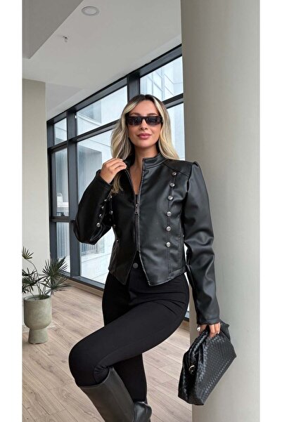 Lady Pixie Amiral Düğmeli Yarım Fermuar Deri Ceket