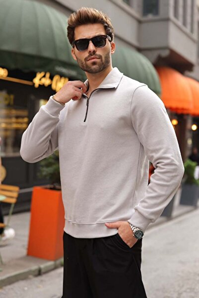 Madmext Gray Stand Collar Half Zipper Men's Sweatshirt E7211